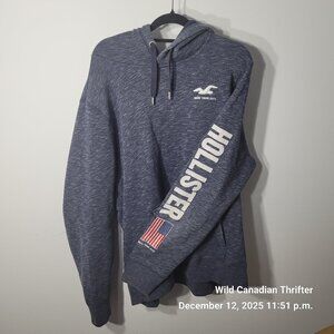 Hollister XL Navy Pullover Hoodie Logo Sleeve American Flag Graphic